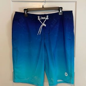 Dark blue and bright teal Size 34 Hollister board shorts with liner